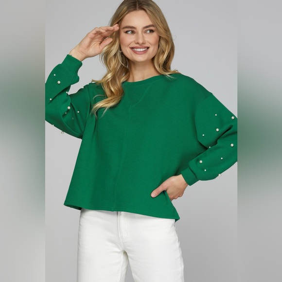 She + Sky Sweaters - 005. Pearl Sleeves Detailing Knit Top in Festive Green